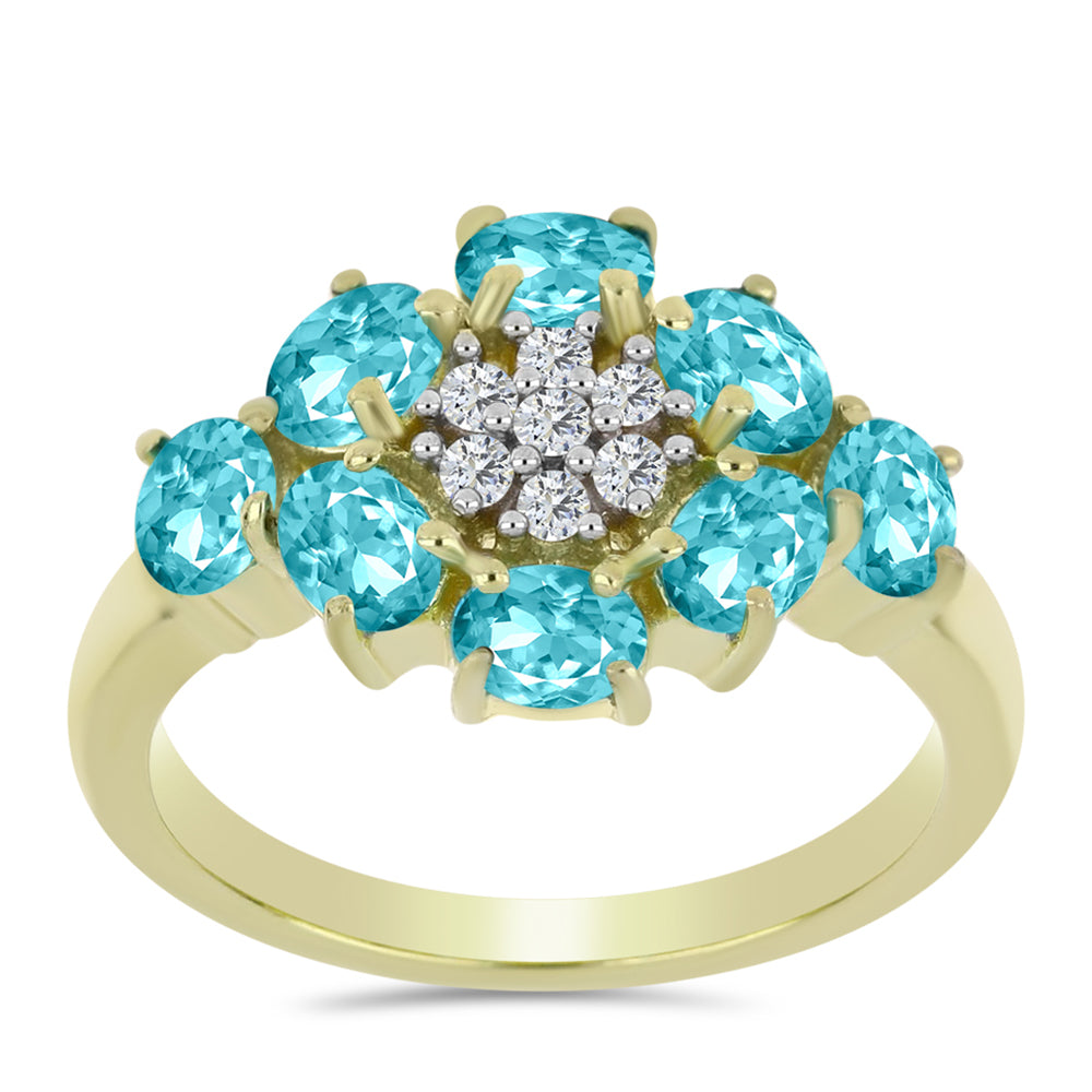 Anillo de Plata Bañada en Oro con Cuarzo Paraiba y Topacio Blanco 3 