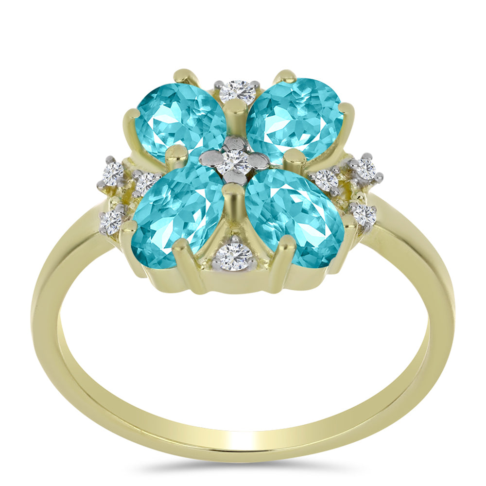 Anillo de Plata Bañada en Oro con Cuarzo Paraiba y Topacio Blanco 3 
