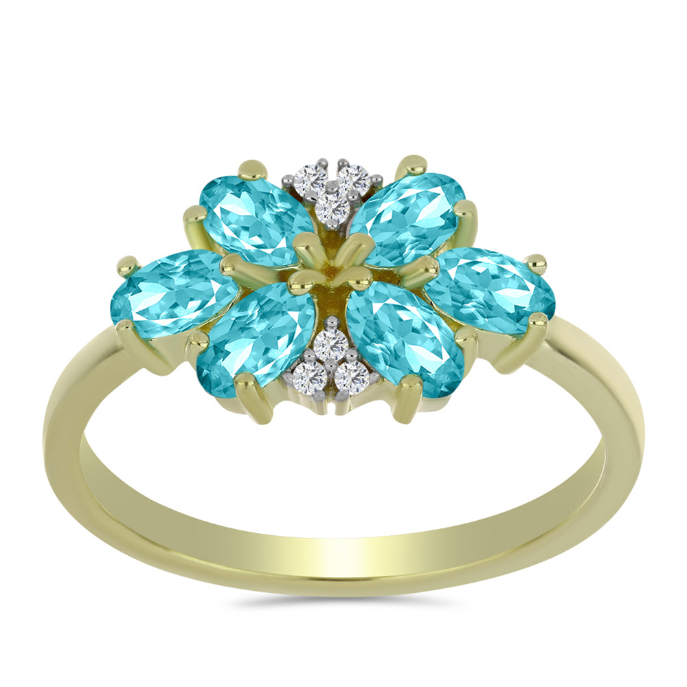 Anillo de Plata Bañada en Oro con Cuarzo Paraiba y Topacio Blanco 3 