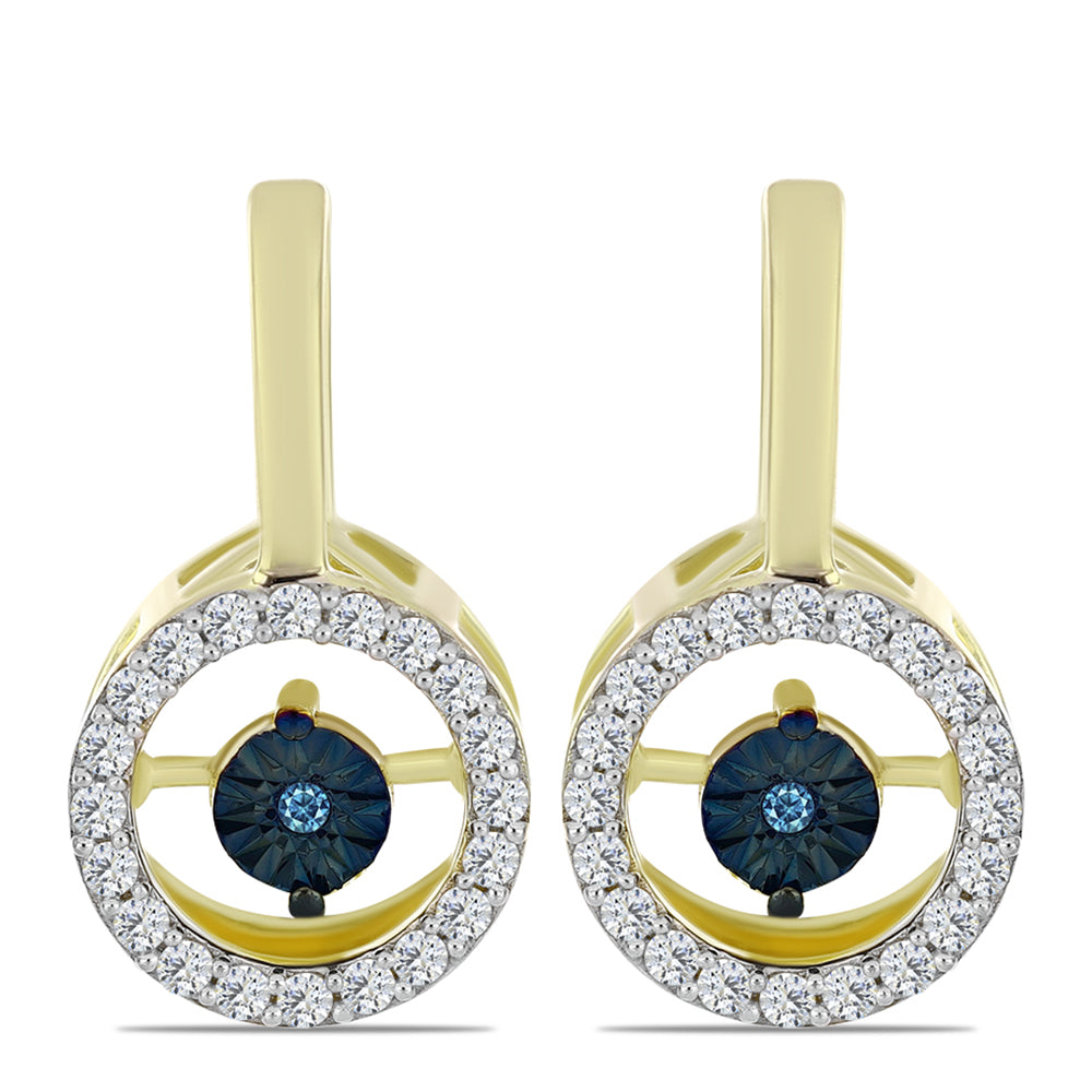 Pendientes de Plata Bañada en Oro con Diamante azul danzante y Topacio Blanco
