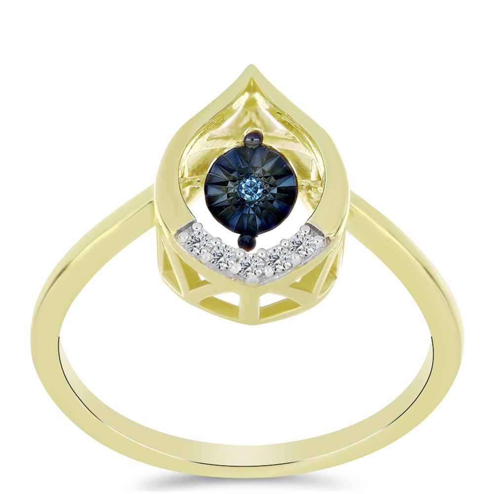 Anillo de Plata Bañada en Oro con Diamante azul danzante y Topacio Blanco