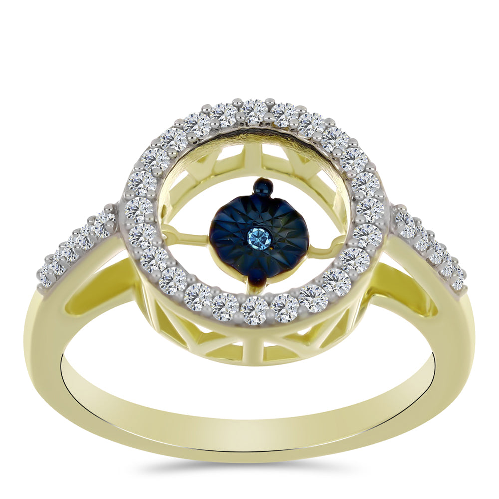 Anillo de Plata Bañada en Oro con Diamante azul danzante y Topacio Blanco