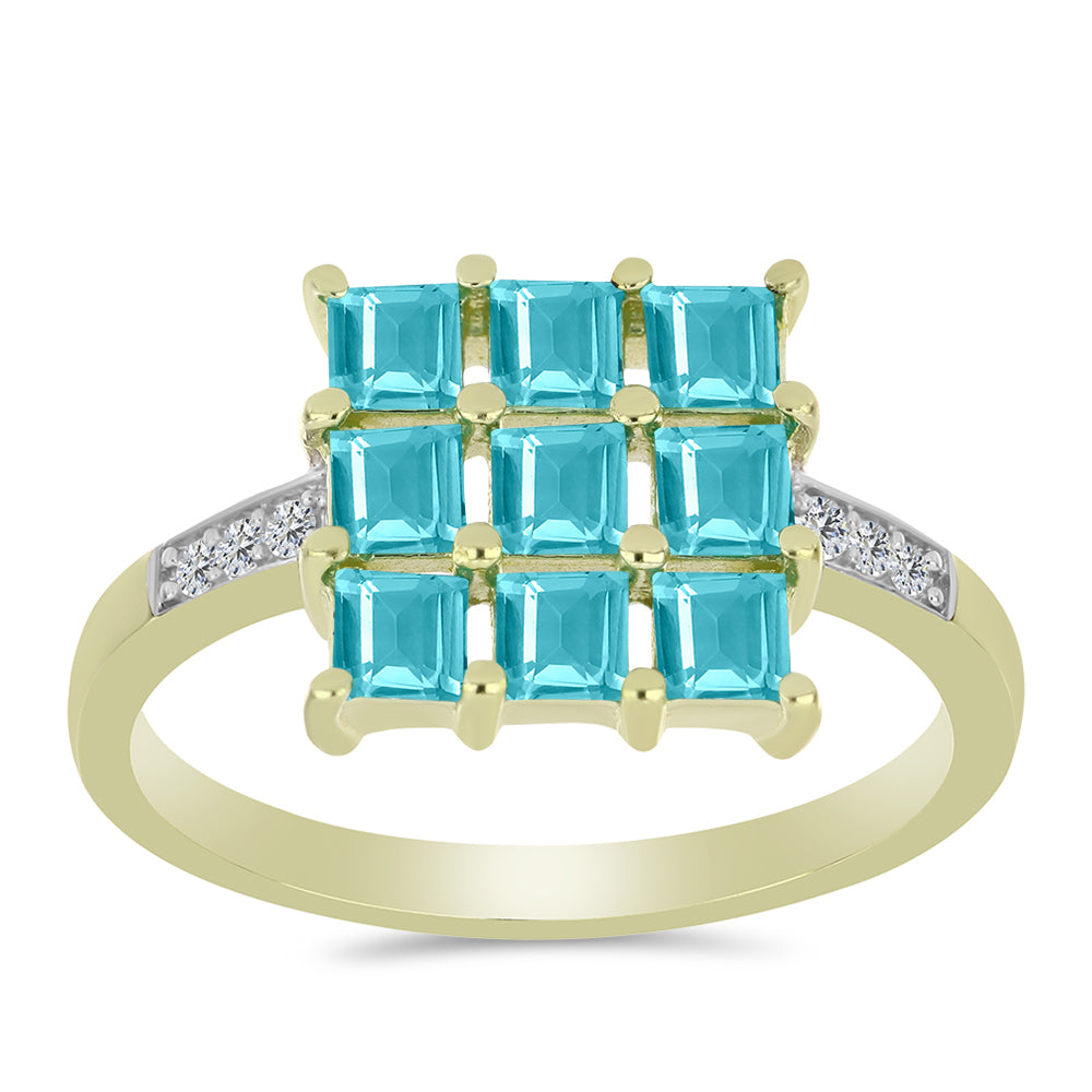 Anillo de Plata Bañada en Oro con Cuarzo Paraiba y Topacio Blanco