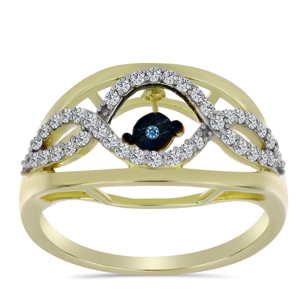Anillo de Plata Bañada en Oro con Diamante azul danzante y Topacio Blanco