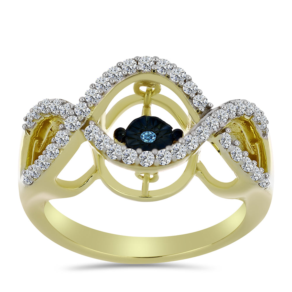 Anillo de Plata Bañada en Oro con Diamante azul danzante y Topacio Blanco