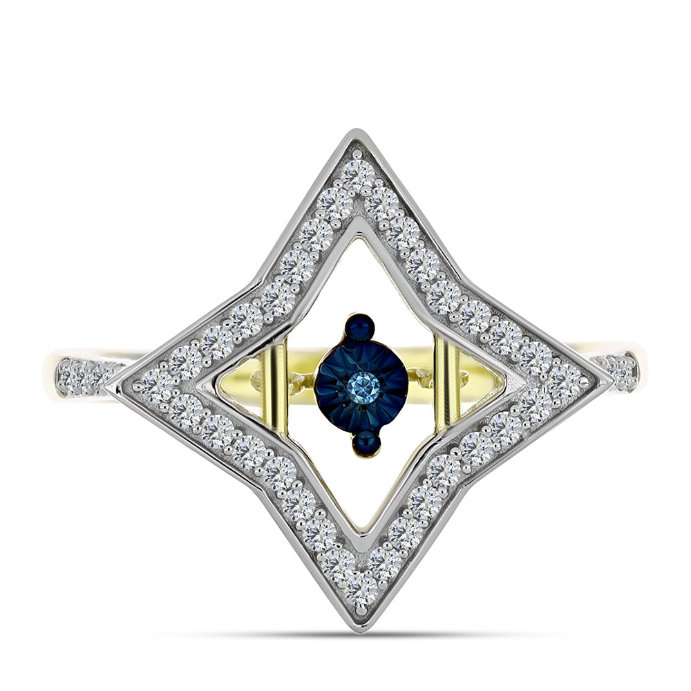 Anillo de Plata Bañada en Oro con Diamante azul danzante y Topacio Blanco 1 