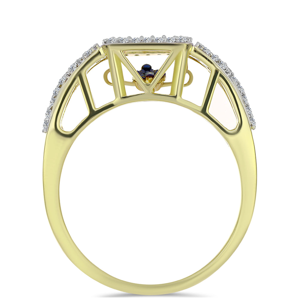 Anillo de Plata Bañada en Oro con Diamante azul danzante y Topacio Blanco