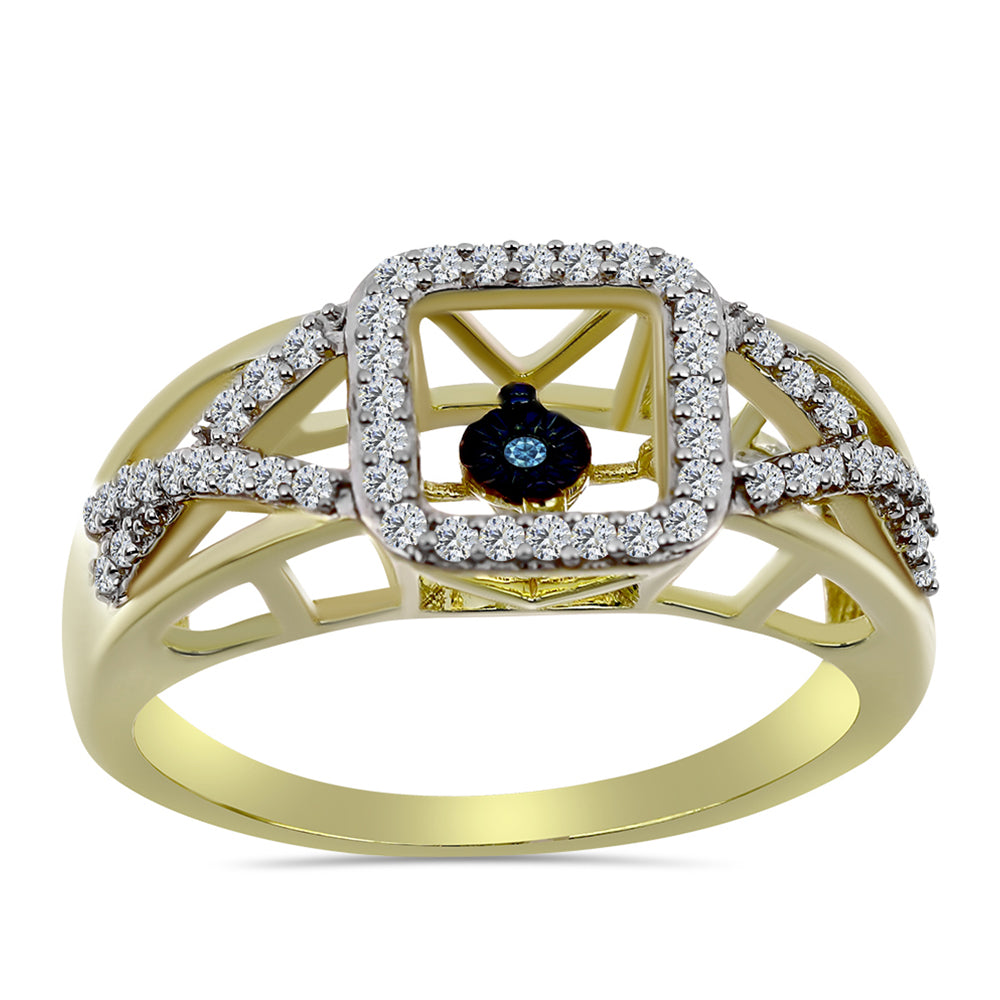 Anillo de Plata Bañada en Oro con Diamante azul danzante y Topacio Blanco 3 