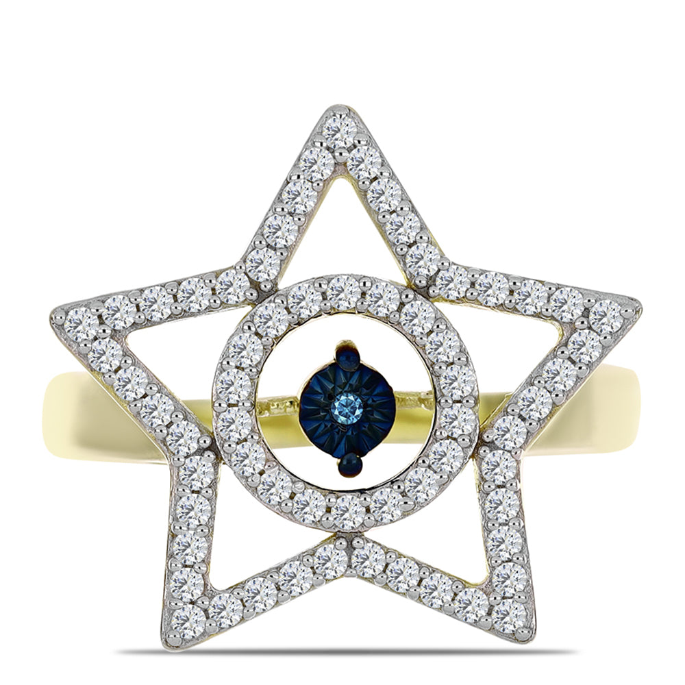 Anillo de Plata Bañada en Oro con Diamante azul danzante y Topacio Blanco 1 
