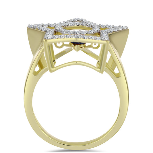 Anillo de Plata Bañada en Oro con Diamante azul danzante y Topacio Blanco