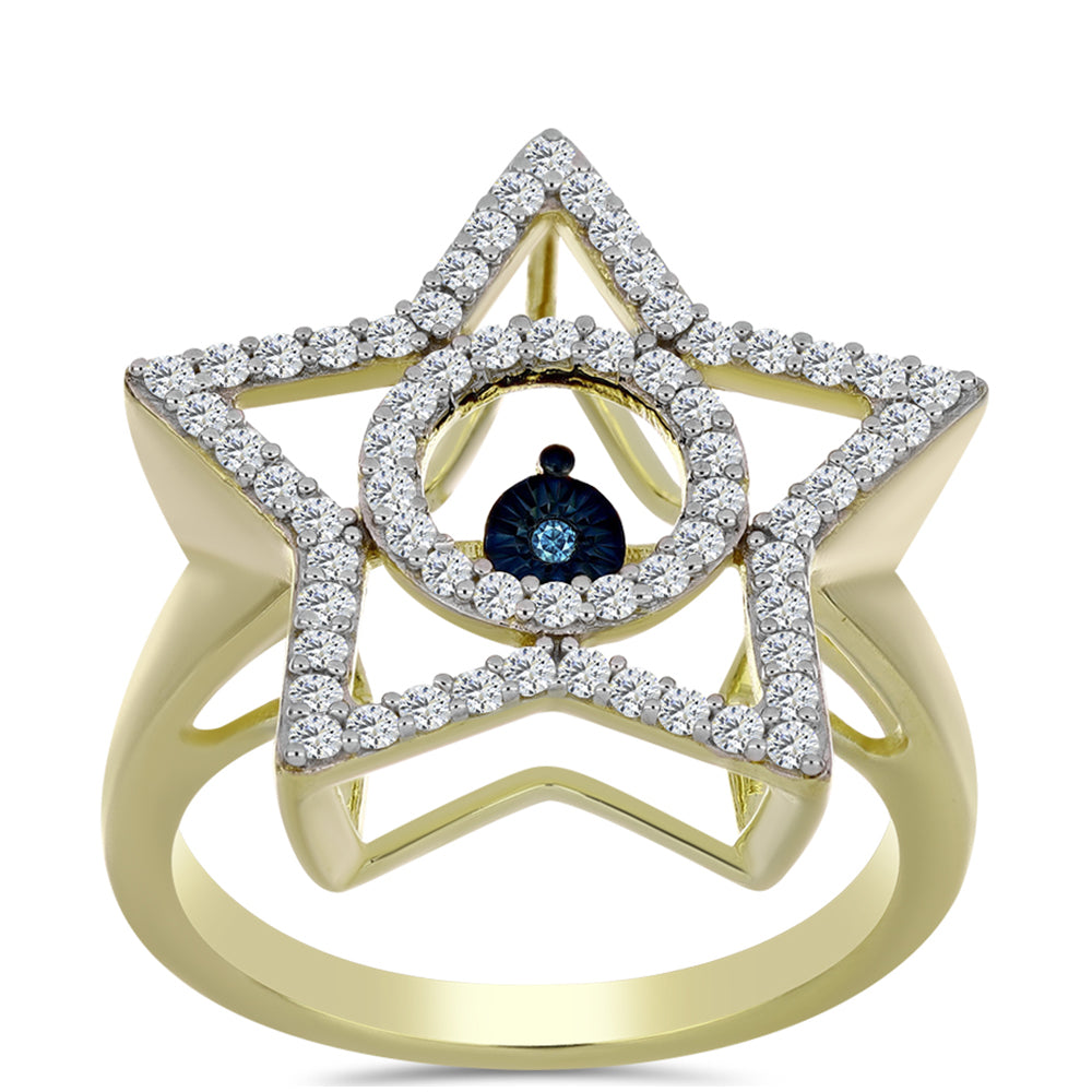 Anillo de Plata Bañada en Oro con Diamante azul danzante y Topacio Blanco 3 