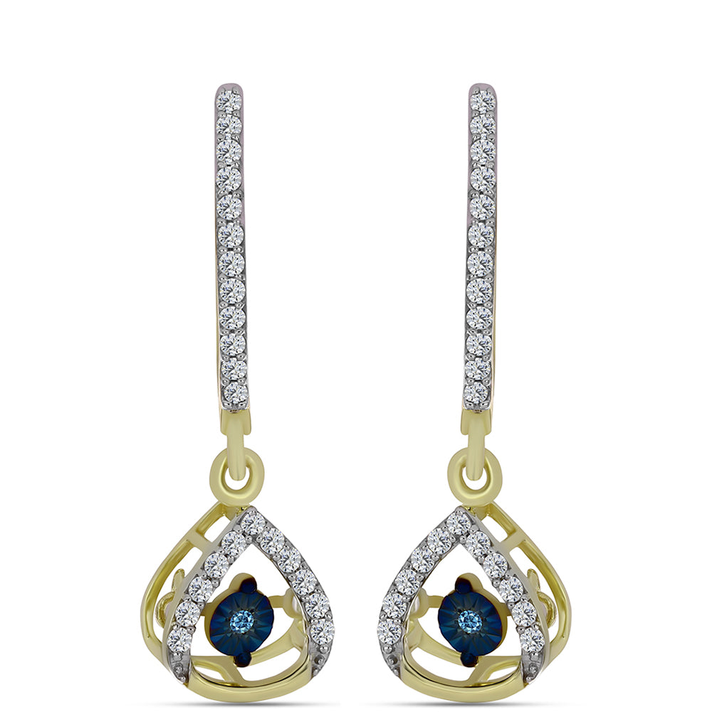 Pendientes de Plata Bañada en Oro con Diamante azul danzante y Topacio Blanco
