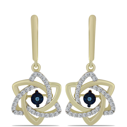 Pendientes de Plata Bañada en Oro con Diamante azul danzante y Topacio Blanco