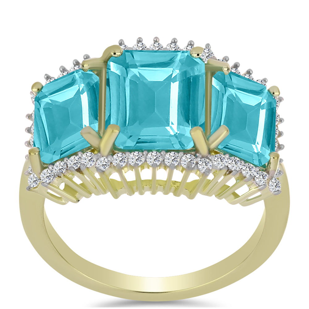 Anillo de Plata Bañada en Oro con Cuarzo Paraiba y Topacio Blanco 3 