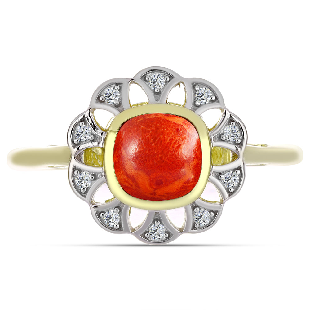 Anillo de Plata Bañada en Oro con Coral de Esponja Roja y Topacio Blanco 1 