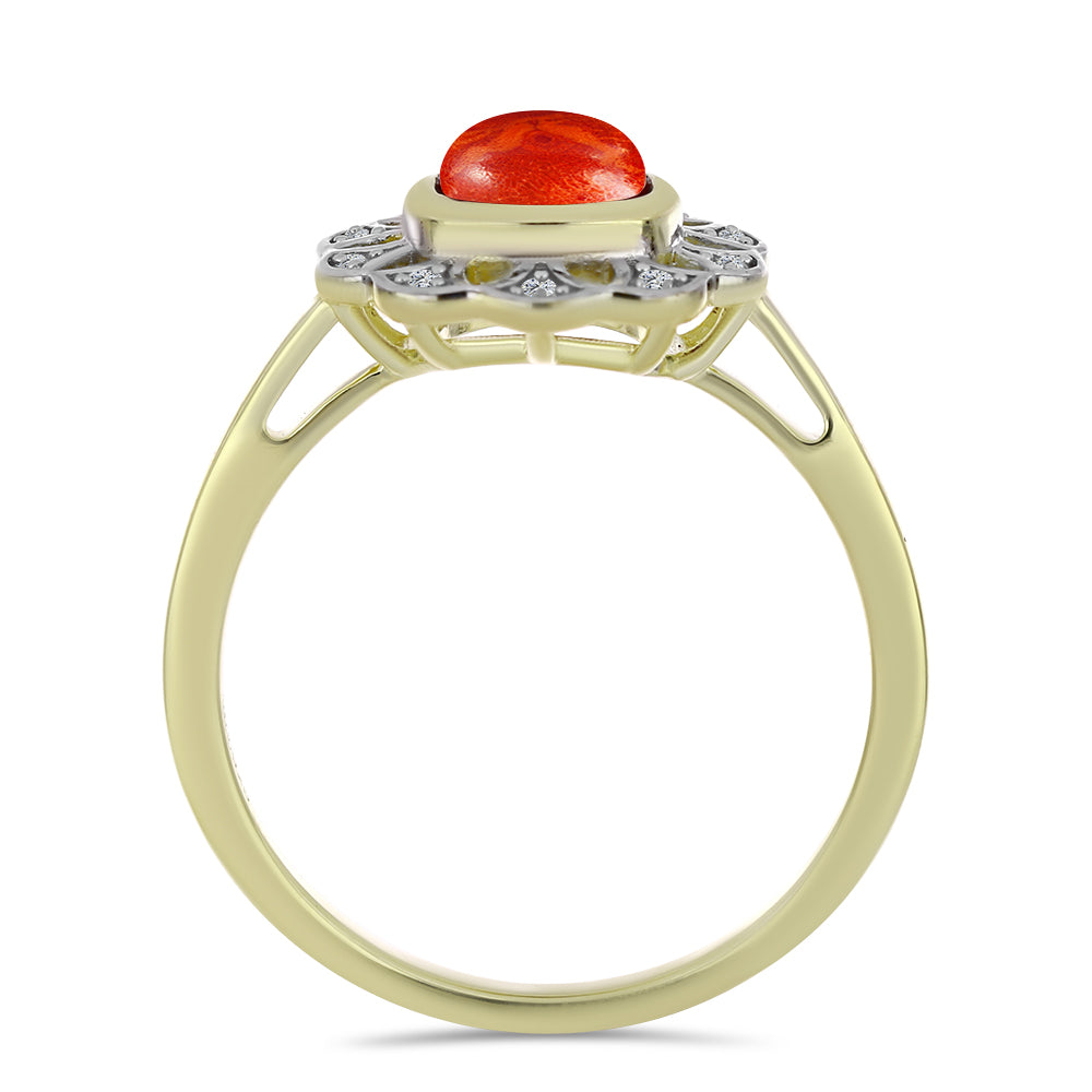 Anillo de Plata Bañada en Oro con Coral de Esponja Roja y Topacio Blanco 2 