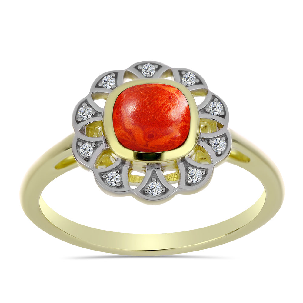 Anillo de Plata Bañada en Oro con Coral de Esponja Roja y Topacio Blanco 3 