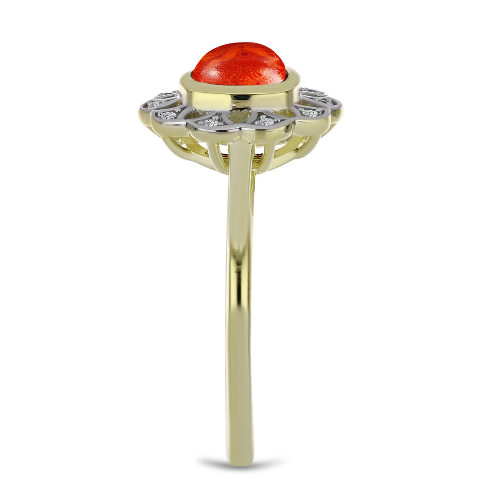 Anillo de Plata Bañada en Oro con Coral de Esponja Roja y Topacio Blanco 4 