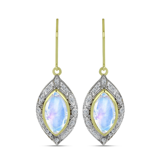 Pendientes de Plata Bañada en Oro con Piedra Lunar Arco Iris y Topacio Blanco