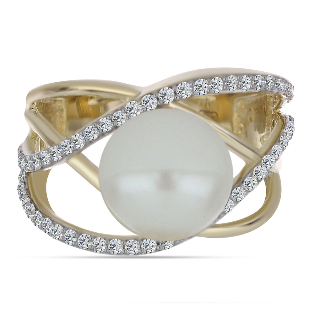 Anillo de Plata Bañada en Oro con Perla blanca de agua dulce y Topacio Blanco