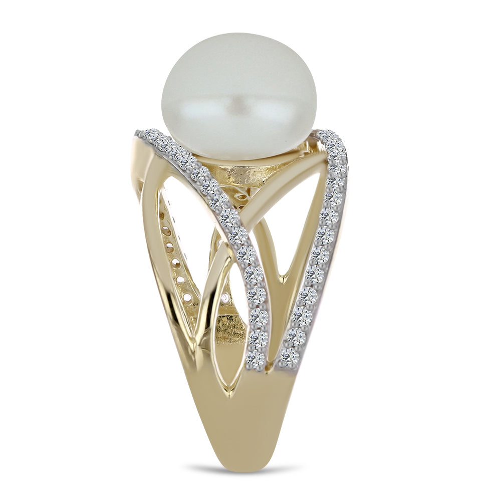 Anillo de Plata Bañada en Oro con Perla blanca de agua dulce y Topacio Blanco 4 