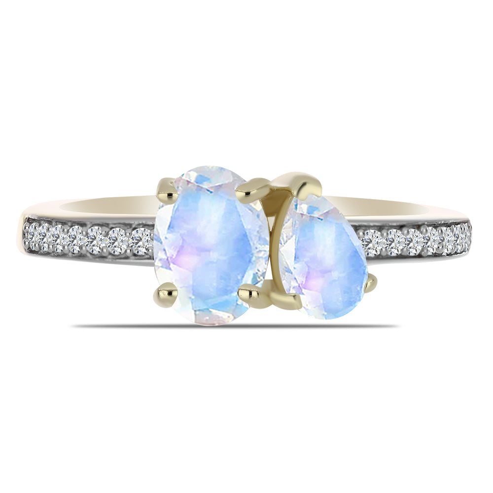 Anillo de Plata Bañada en Oro con Piedra Lunar Arco Iris y Topacio Blanco