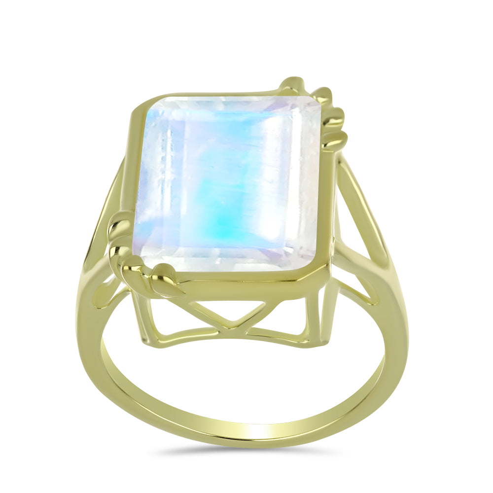Anillo de Plata Bañada en Oro con Piedra Lunar Arco Iris