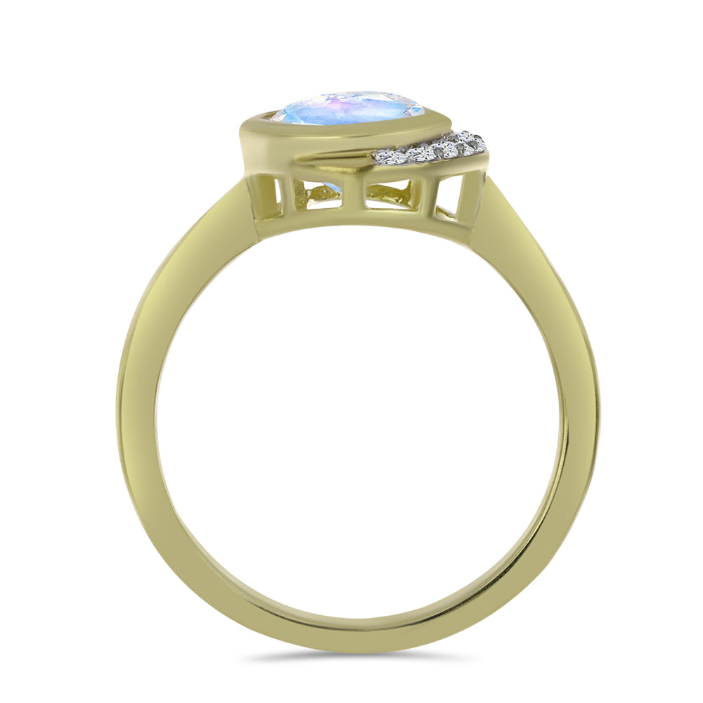 Anillo de Plata Bañada en Oro con Piedra Lunar Arco Iris y Topacio Blanco 2 
