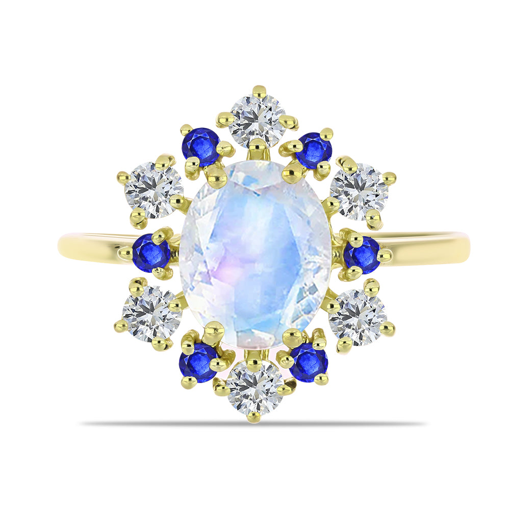Anillo de Plata Bañada en Oro con Piedra Lunar Arco Iris y Zafiro Azul Australiano 1 