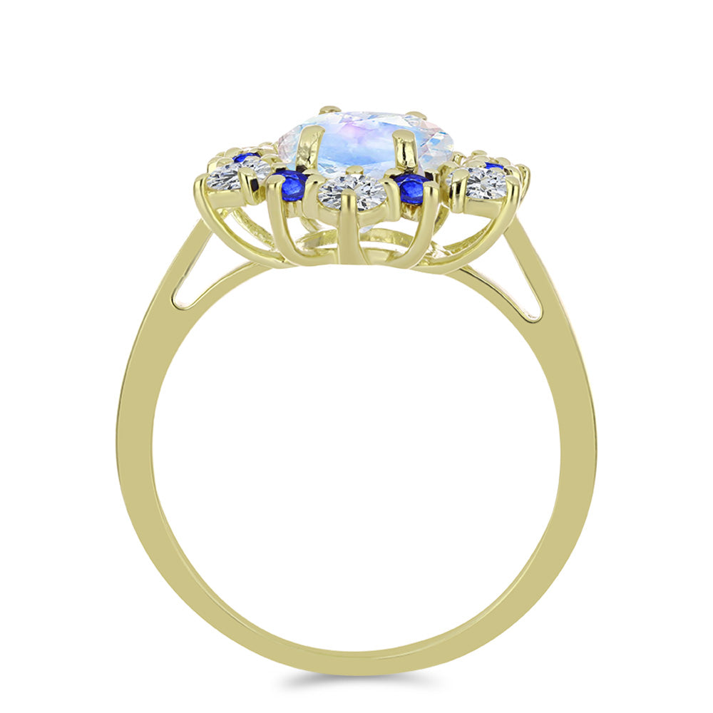 Anillo de Plata Bañada en Oro con Piedra Lunar Arco Iris y Zafiro Azul Australiano
