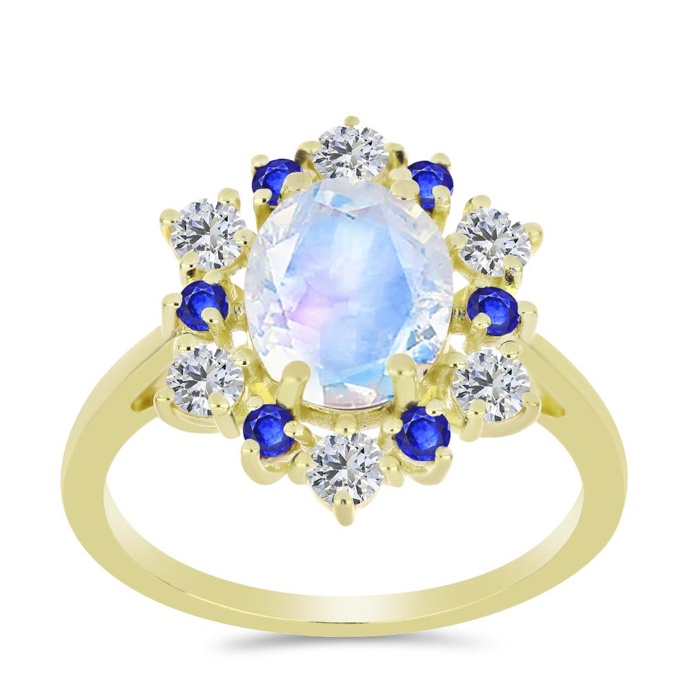 Anillo de Plata Bañada en Oro con Piedra Lunar Arco Iris y Zafiro Azul Australiano