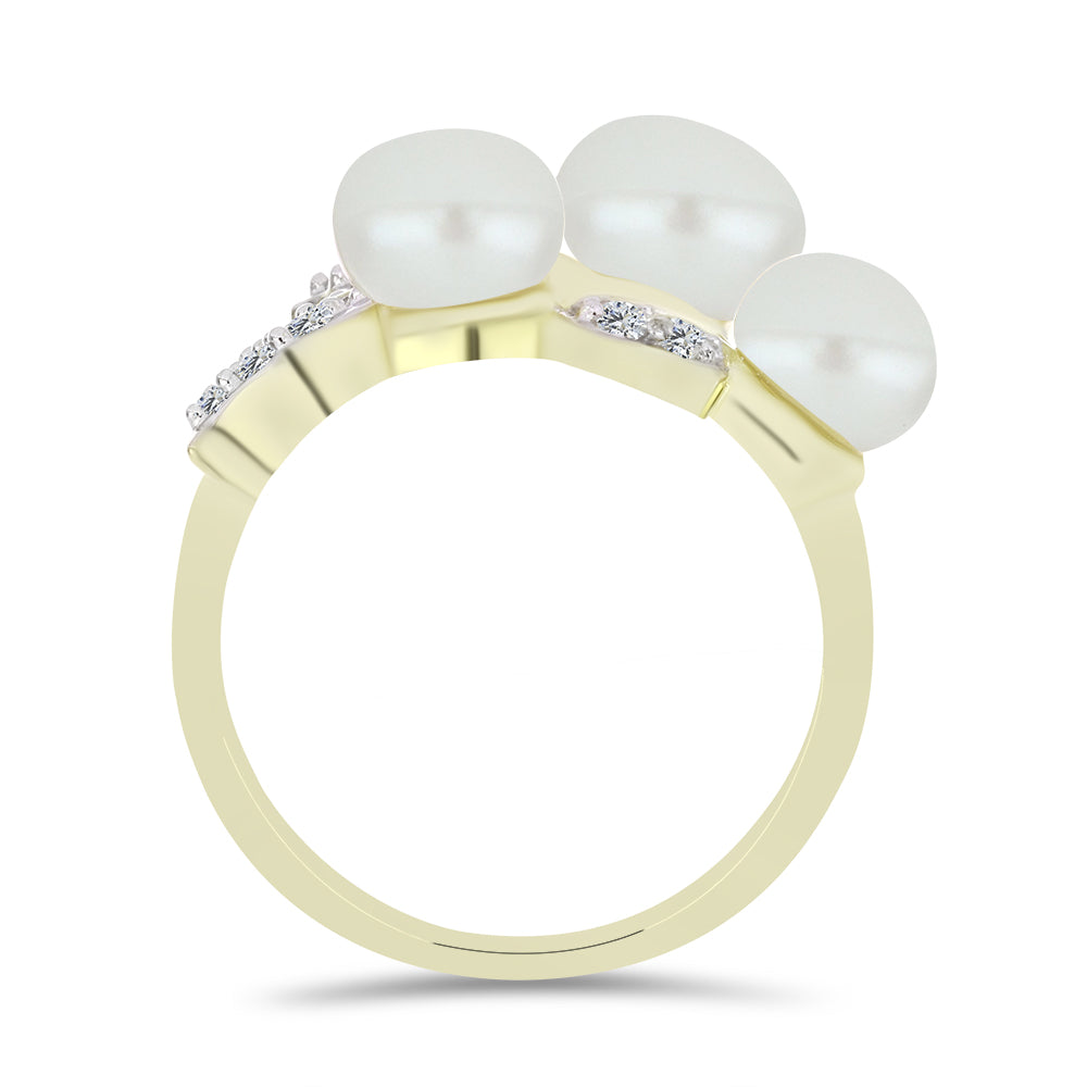 Anillo de Plata Bañada en Oro con Perla blanca de agua dulce y Topacio Blanco