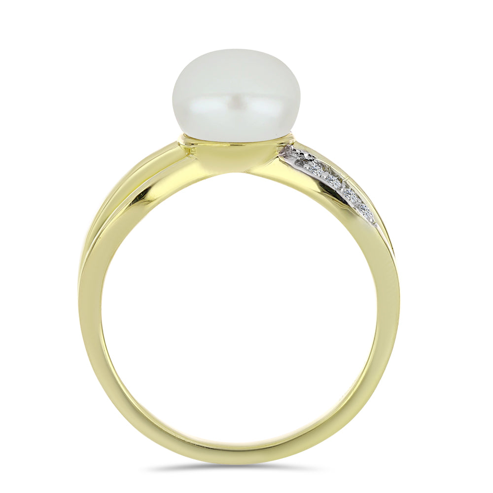 Anillo de Plata Bañada en Oro con Perla blanca de agua dulce y Topacio Blanco