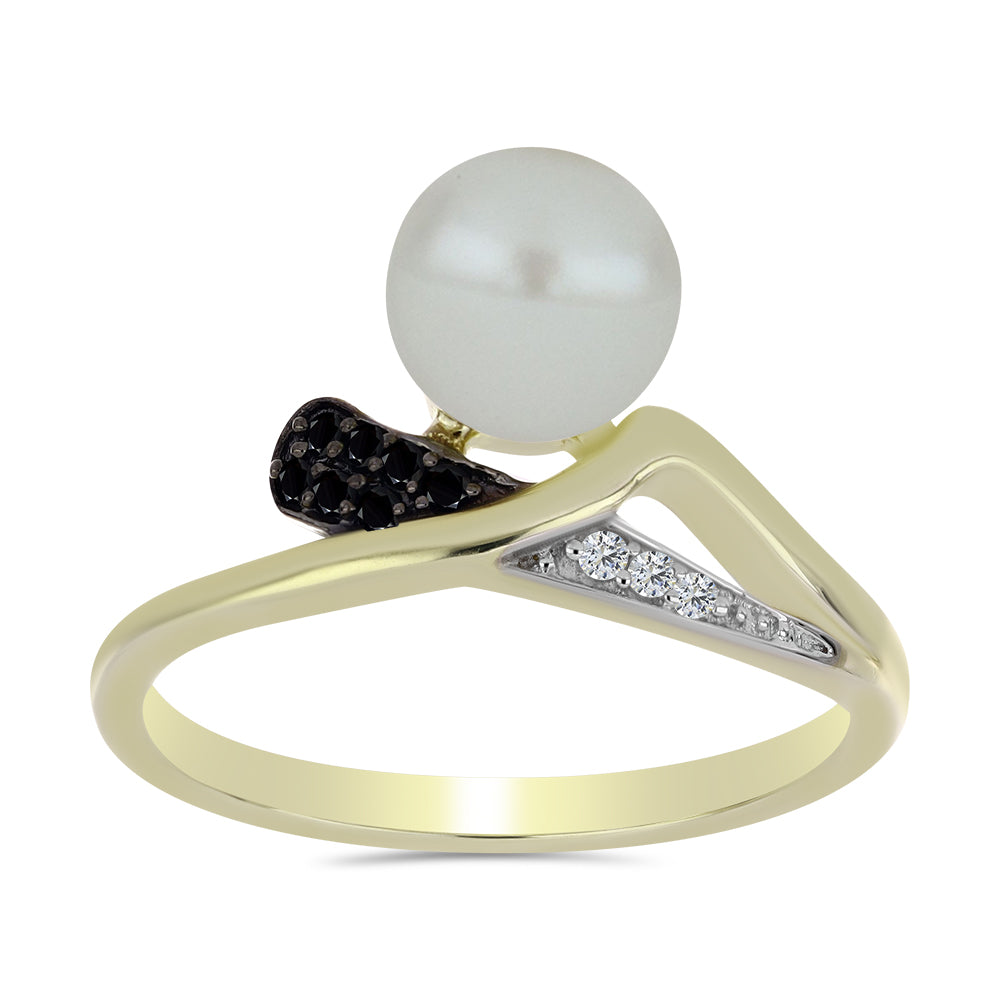 Anillo de Plata Bañada en Oro con Perla blanca de agua dulce y Espinela Negra 3 
