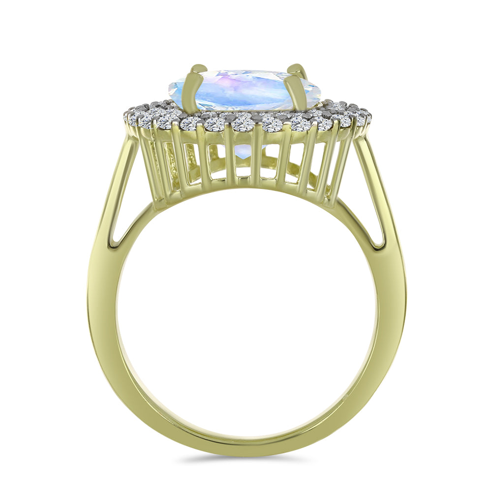 Anillo de Plata Bañada en Oro con Piedra Lunar Arco Iris y Aguamarina