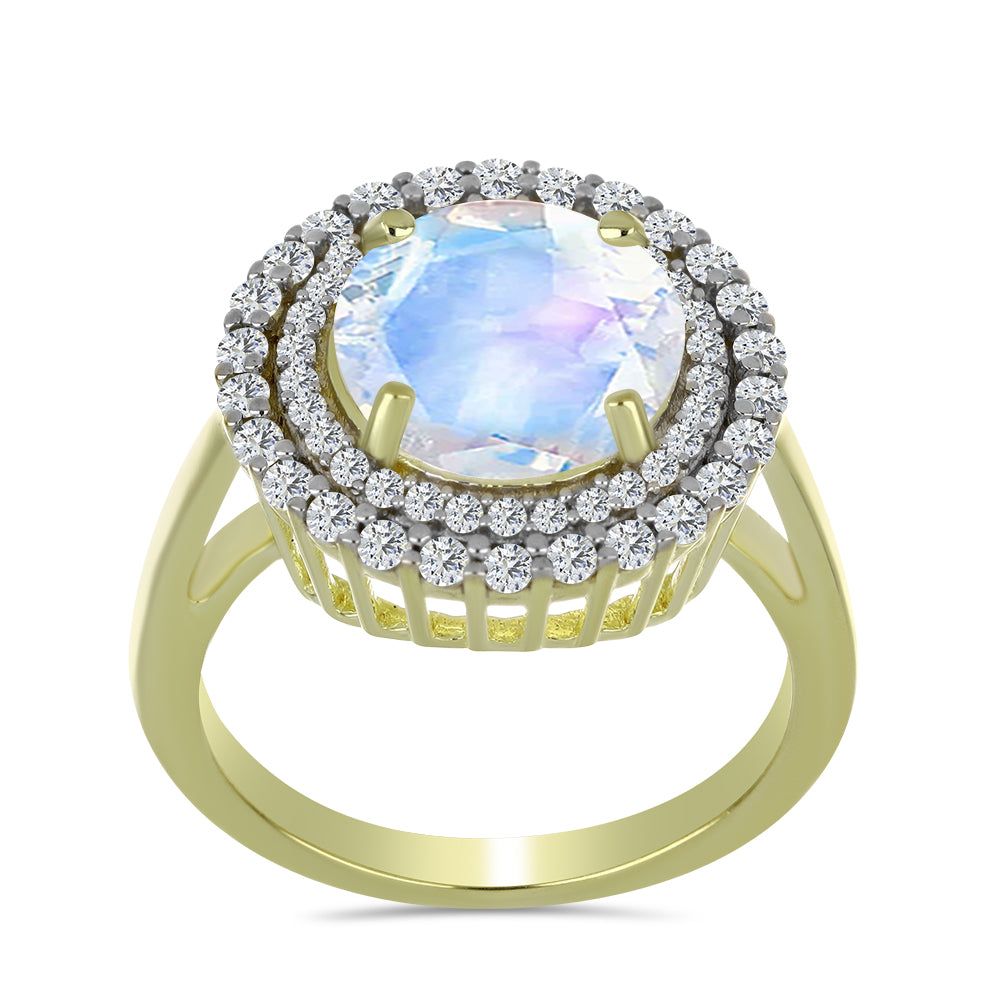 Anillo de Plata Bañada en Oro con Piedra Lunar Arco Iris y Aguamarina