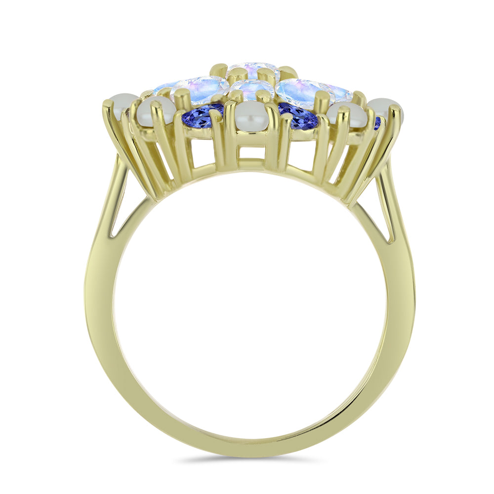 Anillo de Plata Bañada en Oro con Perla blanca de agua dulce y Tanzanita