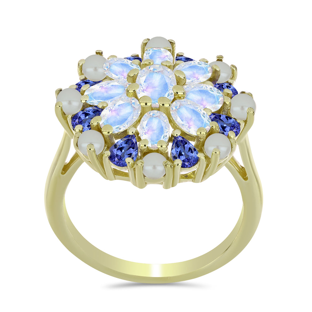 Anillo de Plata Bañada en Oro con Perla blanca de agua dulce y Tanzanita