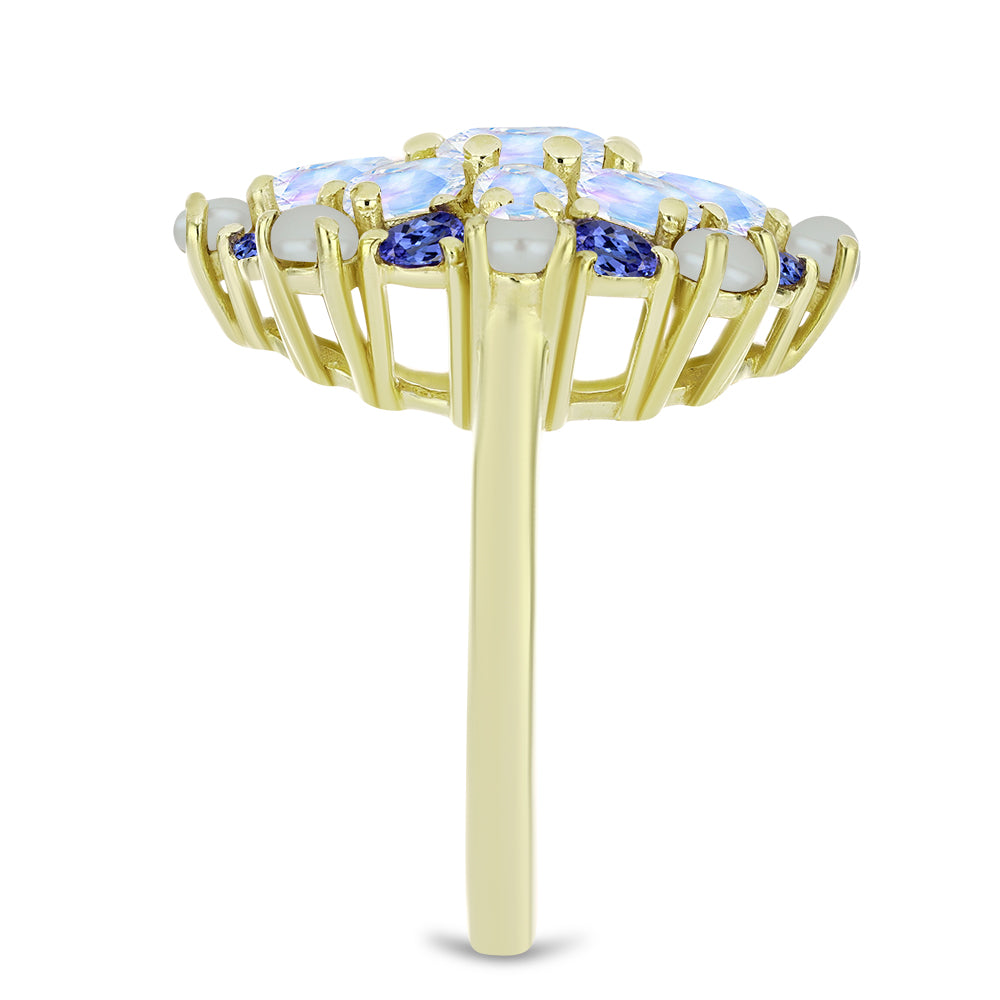 Anillo de Plata Bañada en Oro con Perla blanca de agua dulce y Tanzanita 4 