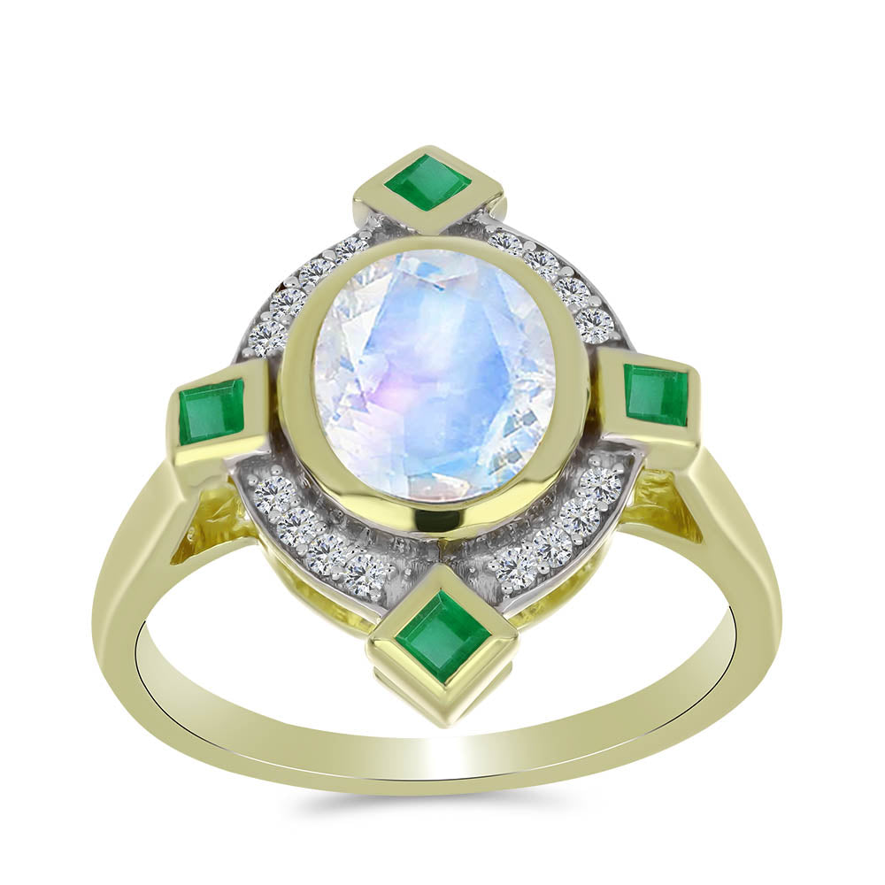 Anillo de Plata Bañada en Oro con Piedra Lunar Arco Iris y Esmeralda de Brasil 3 