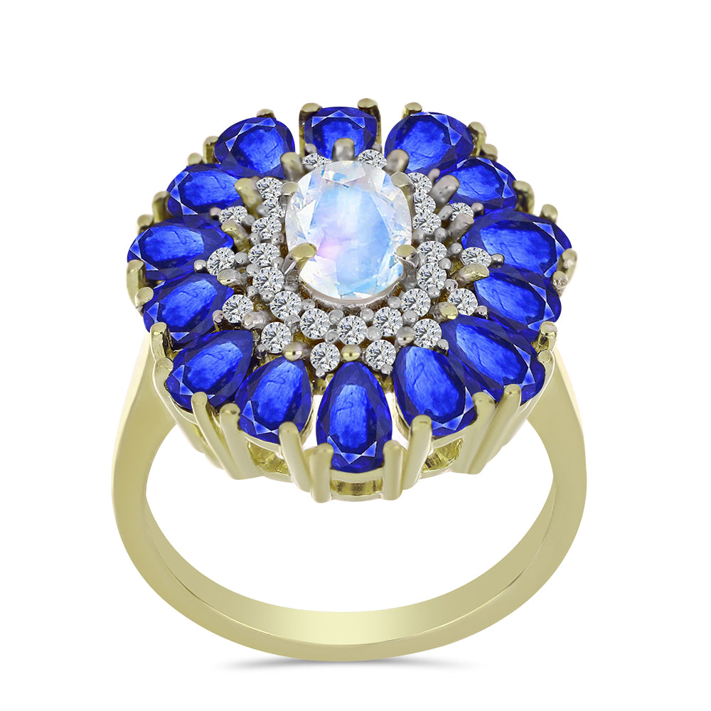 Anillo de Plata Bañada en Oro con Piedra Lunar Arco Iris y Zafiro Azul Australiano 3 