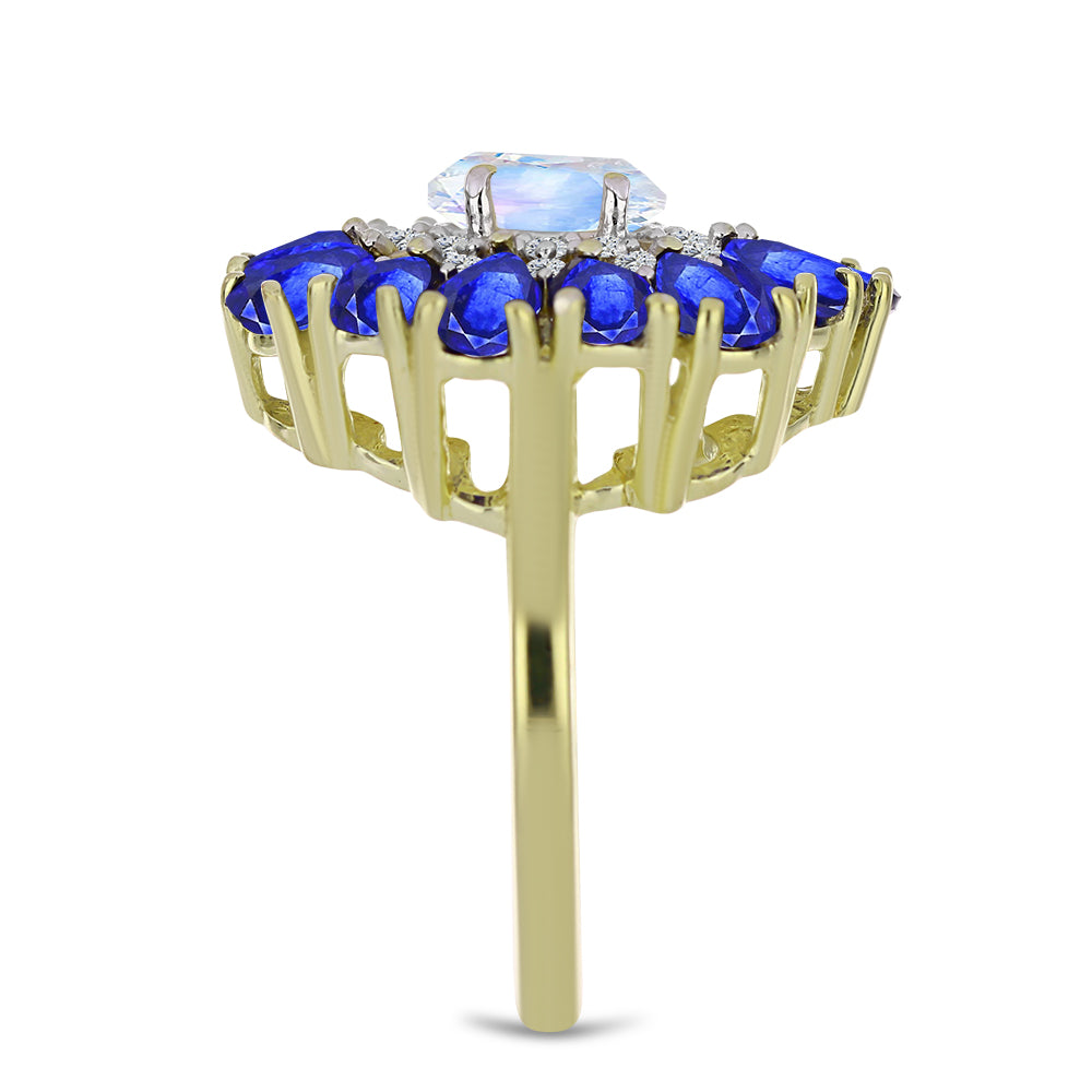 Anillo de Plata Bañada en Oro con Piedra Lunar Arco Iris y Zafiro Azul Australiano