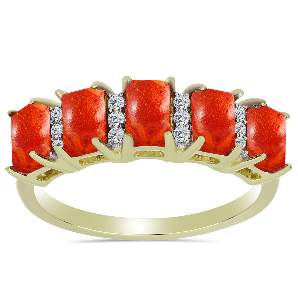 Anillo de Plata Bañada en Oro con Coral de Esponja Roja y Topacio Blanco 1 