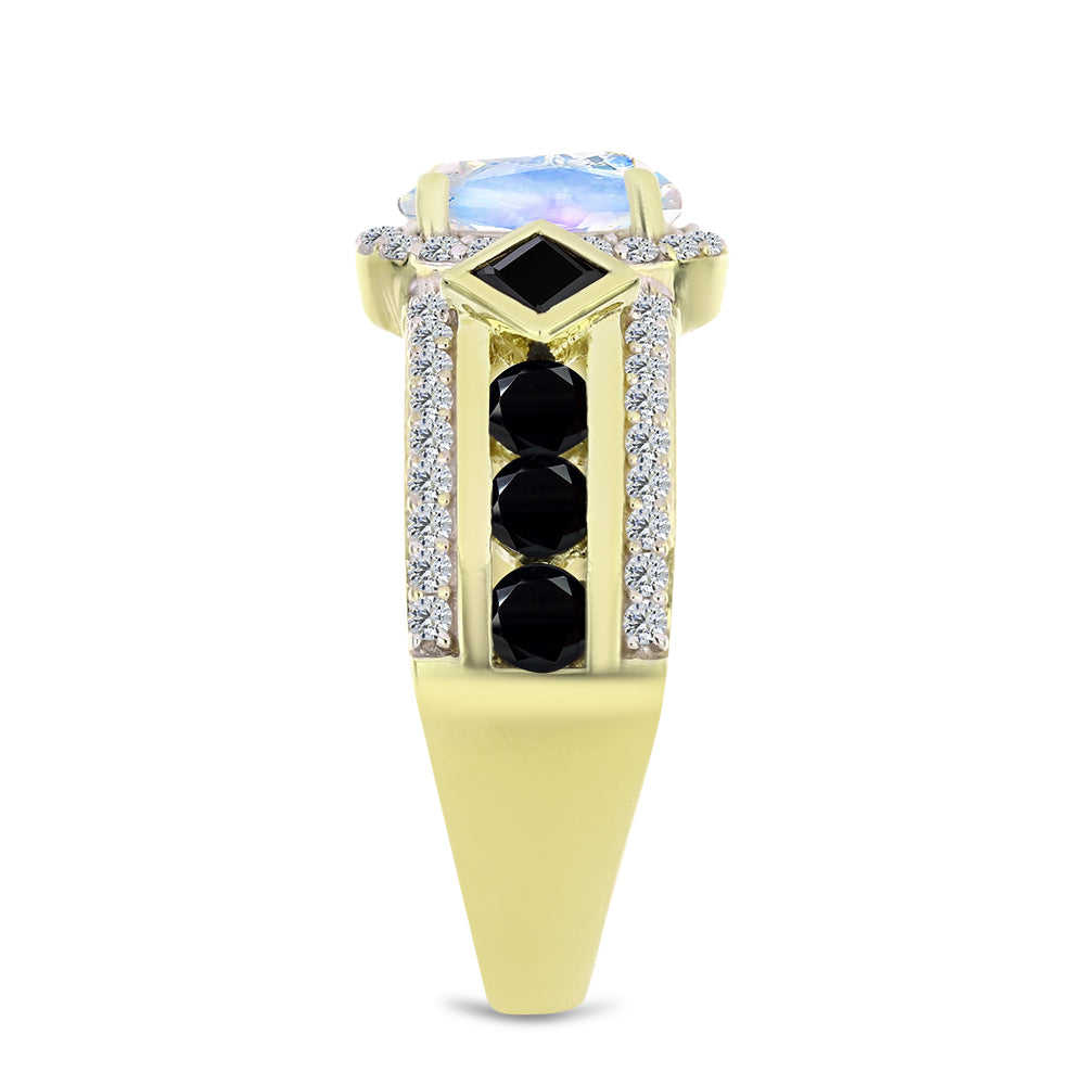 Anillo de Plata Bañada en Oro con Piedra Lunar Arco Iris y Espinela Negra