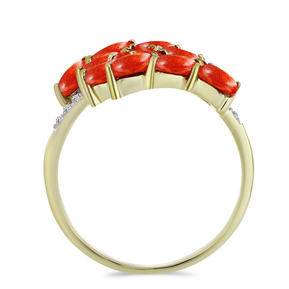 Anillo de Plata Bañada en Oro con Coral de Esponja Roja y Topacio Blanco 2 