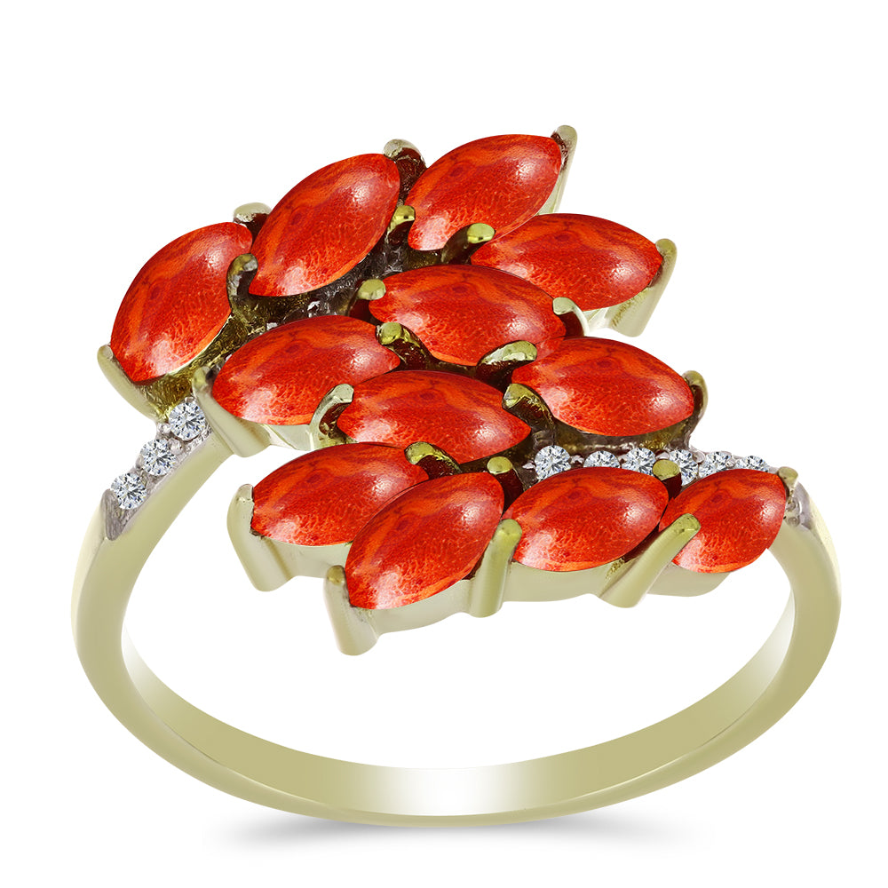 Anillo de Plata Bañada en Oro con Coral de Esponja Roja y Topacio Blanco 3 