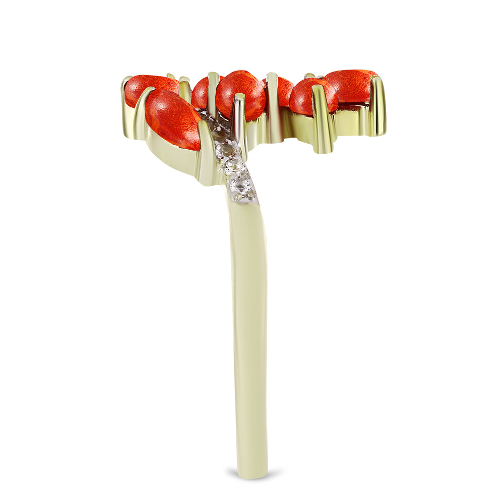 Anillo de Plata Bañada en Oro con Coral de Esponja Roja y Topacio Blanco 4 