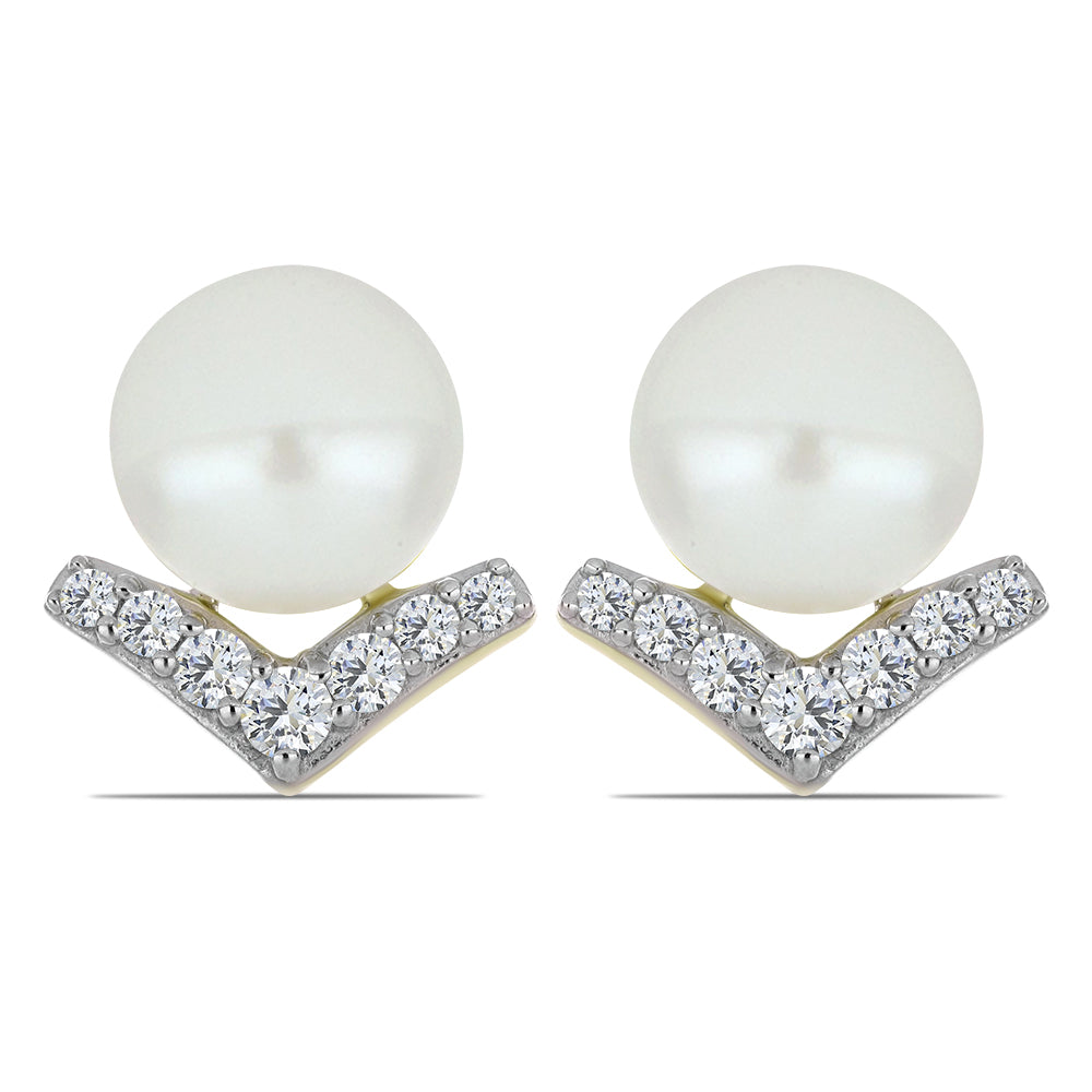 Pendientes de Plata Bañada en Oro con Perla blanca de agua dulce y Topacio Blanco