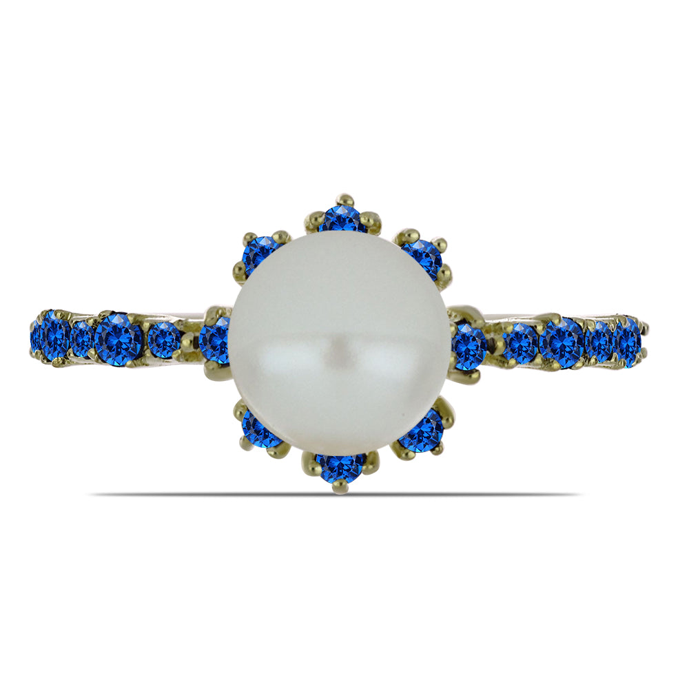 Anillo de Plata Bañada en Oro con Perla blanca de agua dulce y Zafiro Azul Australiano 1 