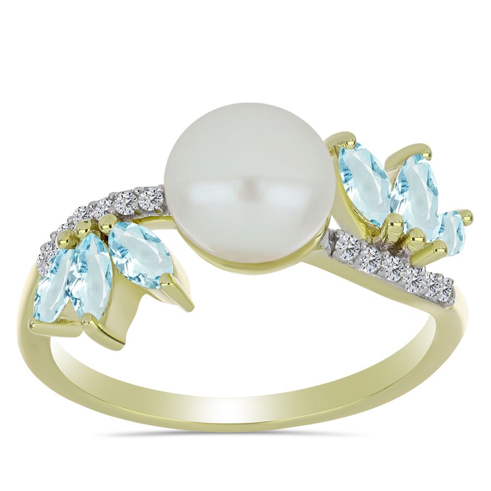 Anillo de Plata Bañada en Oro con Perla blanca de agua dulce y Aguamarina